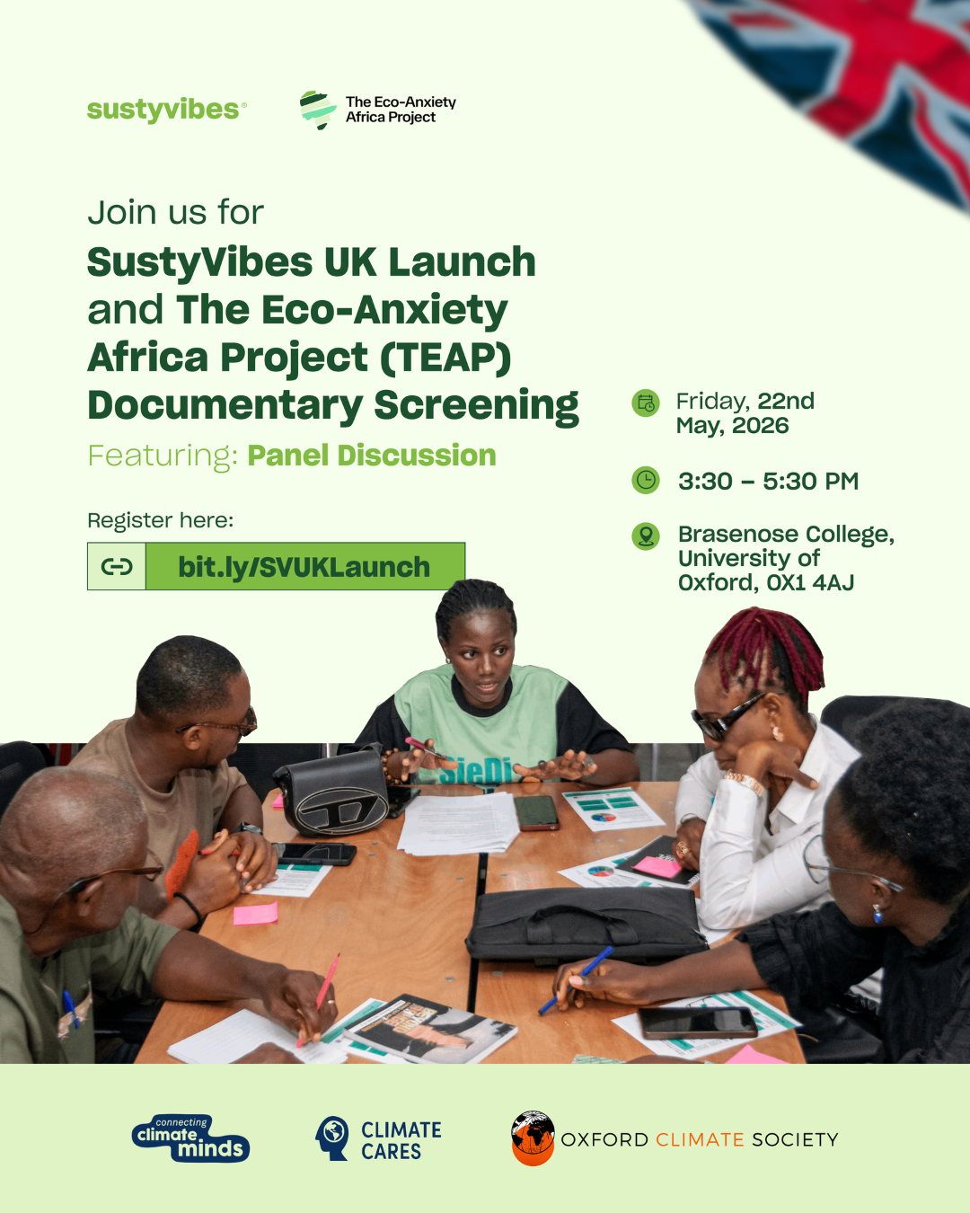 SustyVibes UK Launch & TEAP Documentary Screening · Friday 22 May 2026 · Brasenose College, Oxford